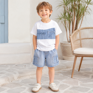 <span class=keywords><strong>Tenue</strong></span> de sport d'été pour garçons de 0 à 6 ans, vêtements d'été élégants et tendance pour bébés, ensemble deux pièces à manches courtes en patchwork denim - Product Image 1
