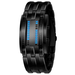 Jam Tangan Wanita Pria, Jam Tangan Mewah Pergelangan Tangan Pria Wanita Stainless Steel Biru Biner Bercahaya LED Tampilan Elektronik Olahraga Mode