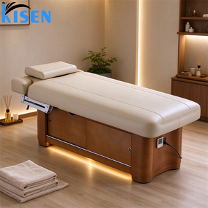 Cama de belleza eléctrica moderna Kisen con respaldo de piernas ajustable, mesa de masaje facial con marco de madera para salón de belleza - Product Image 5