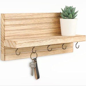 Wooden Key Holder Wall Mount Entryway <b>Shelf</b> Solid Wood Mail Rack With <b>Hooks</b> For Storage And Organization - Product Image 1