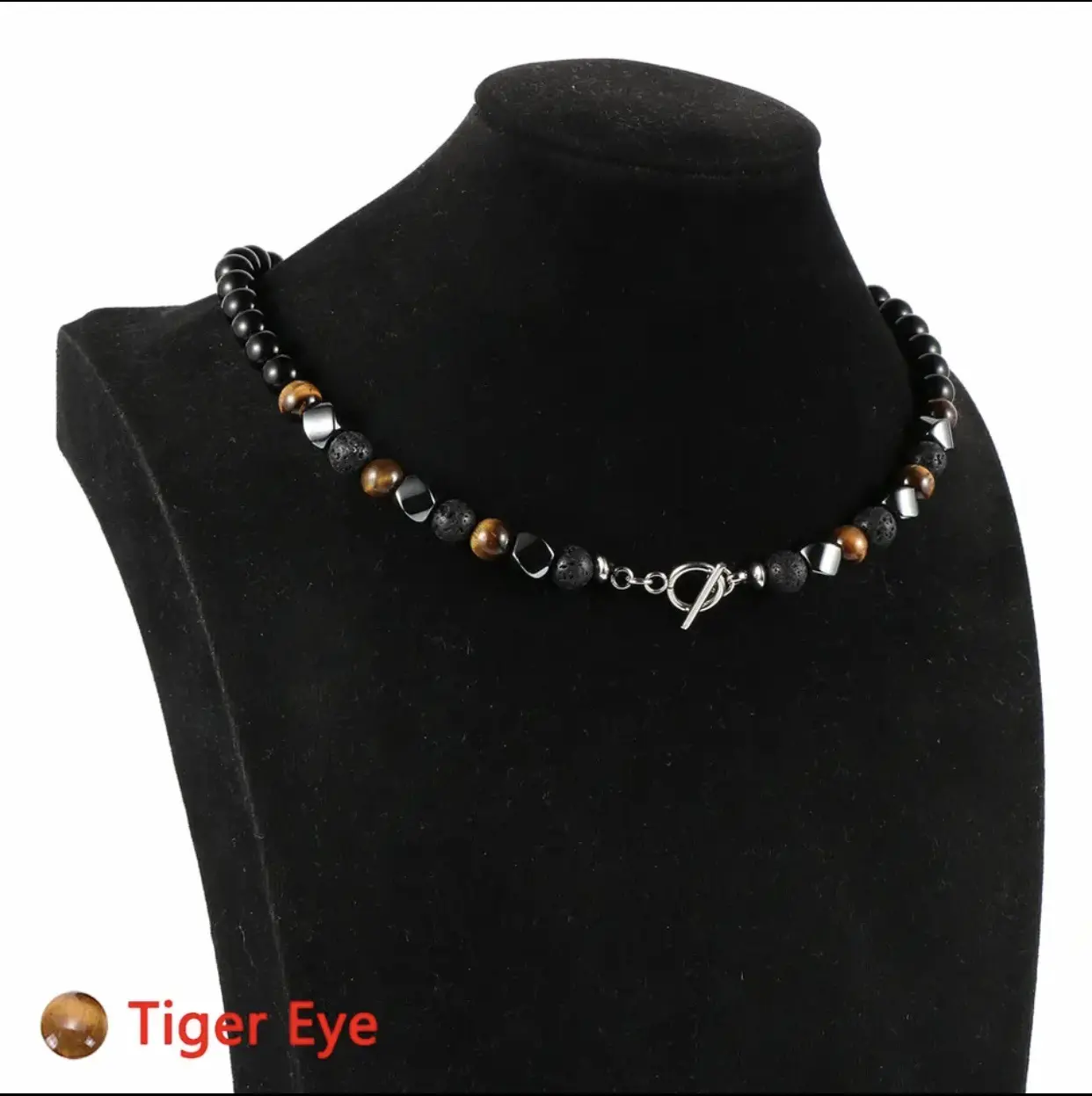 Men's Stainless Steel 316 OT Buckle Fashionable Natural Map Stone Tiger Eye Beaded Necklace Front Hematite Beads Wedding Gift