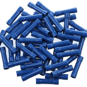 Blue Butt Connectors Crimp 100pcs 16-14AWG Butt Connector Fully Insulated PVC Wire Butt Splice Connectors, 16-14 Gauge