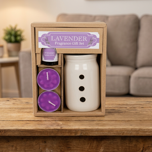 Coffret Cadeau Lavande : Bougie en Cire de Soja, Bougie Chauffe-Plat, Boîte en Bois, Ensemble d'Aromathérapie pour la Maison - Product Image 2