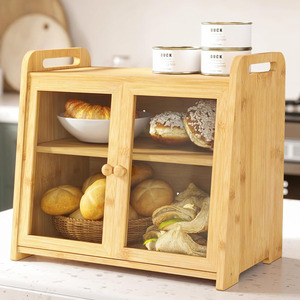 Boîte à pain en bambou de stockage de pain <span class=keywords><strong>fait</strong></span> <span class=keywords><strong>maison</strong></span> à 2 niveaux ZC équipée d'un récipient à pain à double porte pour comptoir de cuisine - Product Image 2