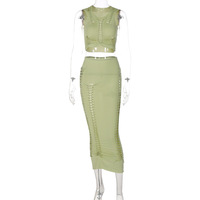 Voir à travers évider haut court jupe deux pièces atching ensemble femmes maigre mode vêtements Sexy été