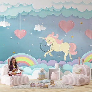 Imperméable à l'eau antistatique rose coeur volant licorne arc-en-ciel nuage papier peint moderne pour chambre d'enfants salon décoration - Product Image 3