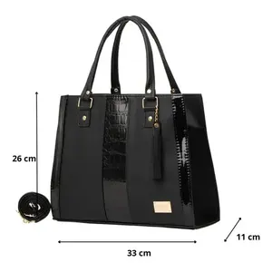 Bolso Tote Casual para Mujer Fana Aisha M3702, Lino Negro, Forro de PU, Cierre de Cremallera y Broche, Asas Dobles, Uso Diario - Product Image 4