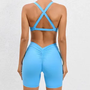 Factory Gym Sports Conjuntos de mujer Sexy Quick Dry Crossed Back Bra V Shape Cut Shorts Ropa de entrenamiento Fitness Yoga Wear