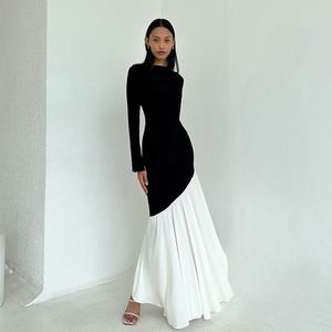 Robe de soirée chic pour femme 2025, coupe ajustée, col rond, manches longues, asymétrique, patchwork noir et blanc avec dentelle et sequins - Product Image 2