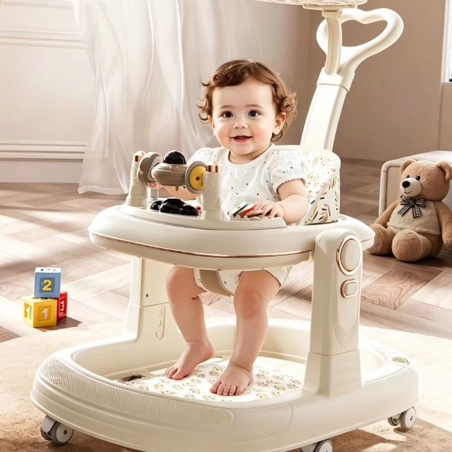 Foldable Baby Activity Walker with Push Handle & Canopy, Adjustable Seat Cushion Toddler Walking Trainer Toddler Walker Music