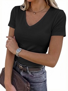 Sweethoney OEM Women's Short-Sleeve Stretch V-Neck T-Shirt Slim Fit Casual Women's V-Neck <strong>Top</strong> <strong>Viscose</strong> Solid Women's <strong>Top</strong> - Product Image 5
