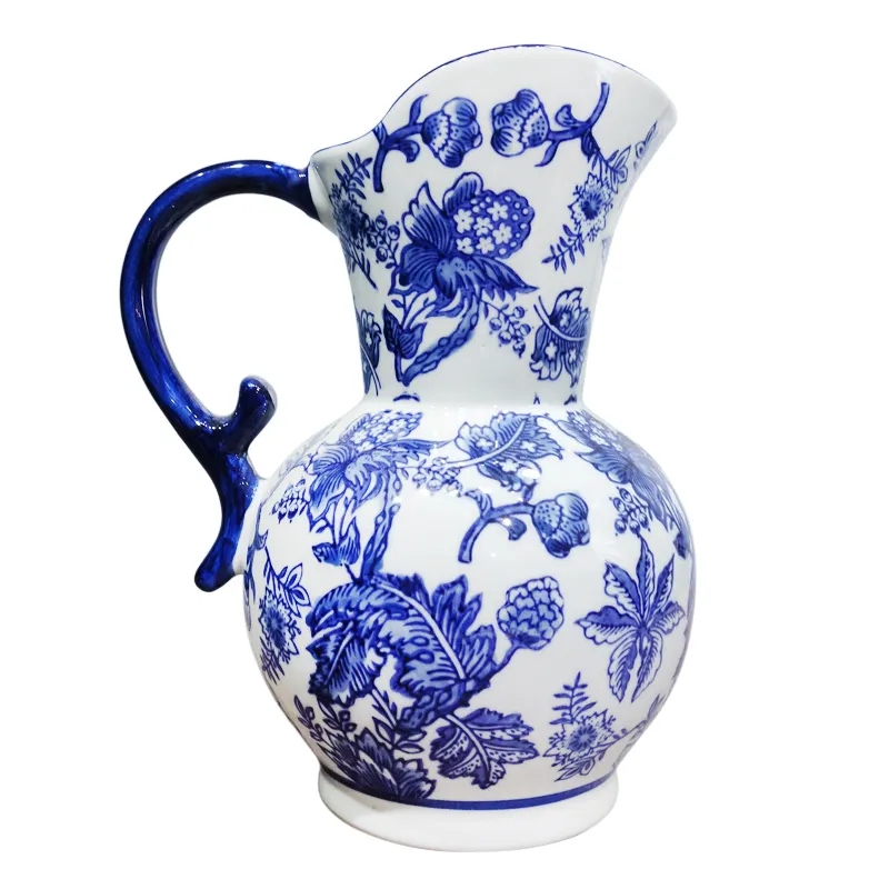 Jarrón Vintage azul y blanco decorativo para el hogar tradicional chino con mango adorno de cerámica pintado a mano