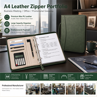 Portafolio de Cuero A4 Personalizado con Cierre, Carpeta de 3 Anillas con Asa y Calculadora, Logotipo Verde para Reuniones de Negocios