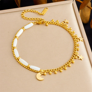 Tobillera Minimalista de Dos Hilos con Estrella y Luna, Chapada en Oro, Acero Inoxidable, Cuentas de Concha Natural Blanca, Pequeño Colgante de Estrella y Luna Creciente - Product Image 3