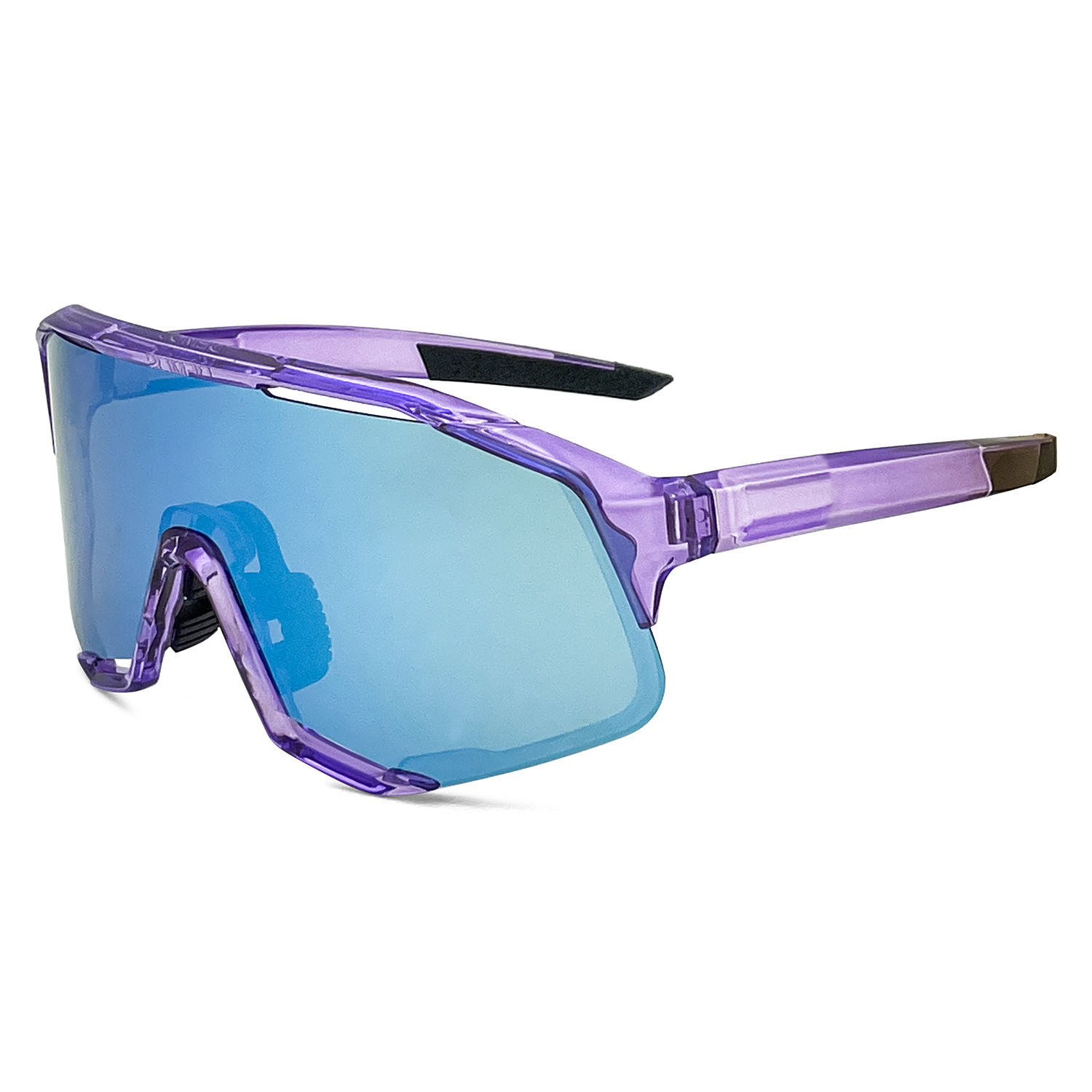 Montura morada, lentes azul hielo.