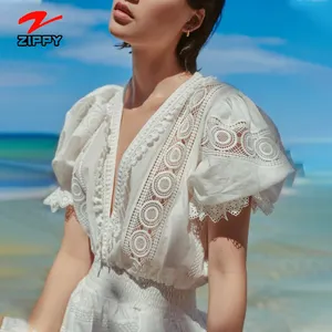 Yeni gelenler bahar rahat moda nakış kadın dantel gömlek standı yaka uzun kollu düğme bayan kız bluzlar tops