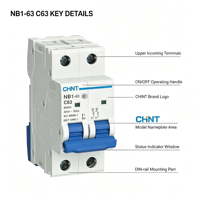 Disjoncteur miniature CHINT NB1-63 D32A 1P 2P Courbe D 6kA AC220V AC230V Cuivre PA66 Distribution d'énergie Certifié CE