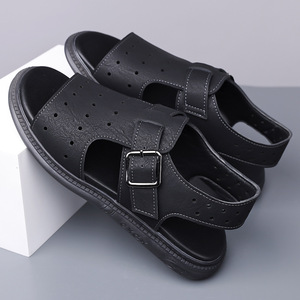 Men's Flat <b>Sandals</b> Summer Breathable Hollowed Out Casual Beach Shoes Korean Style Slip On Khaki Black - Product Image 4
