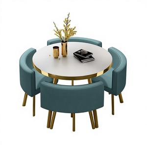 Mesa de Comedor Moderna Minimalista con Base Circular de Metal Desmontable <span class=keywords><strong>y</strong></span> Superficie de MDF, Juego de 4 Plazas para Restaurantes <span class=keywords><strong>y</strong></span> Locales Comerciales Pequeños - Product Image 1