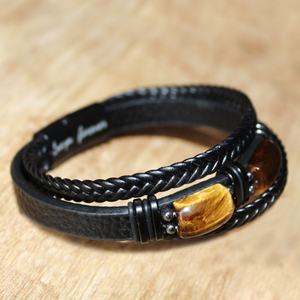 Tiger Eye Stone Black Leather Bracelet Bracelet <b>Men's</b> Jewelry Handmade Courage and Stress Relief Protection Bracelet <b>Men</b> Jewelry - Product Image 4