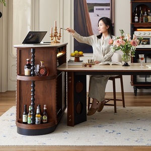 French Retro Style Solid Wood Bar Cabinet With Glass Doors And Open Storage For Living Room Or Entryway - Product Image 3