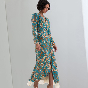 Vestido Maxi con Estampado Floral, Cuello en V, Manga Larga, Corte Regular, Dobladillo Asimétrico, Tejido de Punto Transpirable, Cintura Imperio, Estilo Casual de Verano - Product Image 1