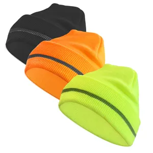 Winter Elastic Hi Vis Safety Reflective Knitted Beanie Hats With Reflective Stripe For Men/Women