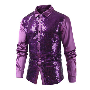 Casual Stylish <strong>Sequin</strong> <strong>Shirt</strong> for <strong>Men</strong>, European Size Bright Disco Design, Sparkly Nightclub Party Daily Tops - Product Image 2