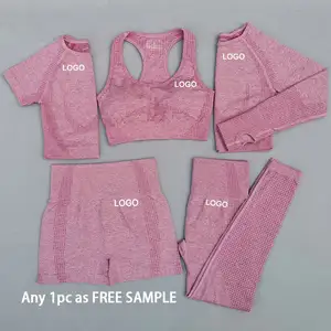 5-teiliges Yoga-Set langärmelig rosa Fitness-Top Unterwäsche Fitnessstudio-Bekleidung individuelles Logo Herbst-Workout-Sets nahtloses Yoga-Set