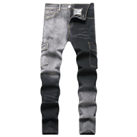 Jean Cargo Homme Bicolore en Denim Patchwork Asymétrique Coupe Slim Empilée Streetwear Noir Gris Vente en Gros OEM