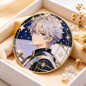 Pin de esmalte duro personalizado con personaje celestial de pelo plateado, chapado en oro, redondo, estilo anime, insignia de solapa de metal, OEM ODM - Product Image 2