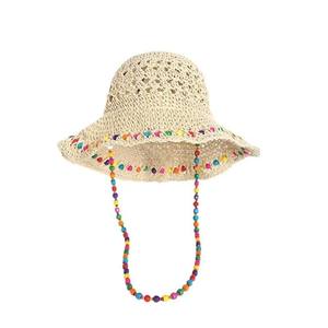 Chapeau de paille naturelle coloré à perles pour femme, pliable, à large bord, protection solaire, style pêcheur, à carreaux, respirant, design ajouré - Product Image 4