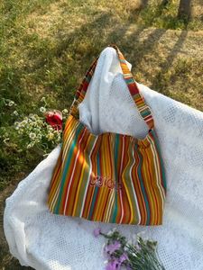 Grand sac fourre-tout à bandoulière en toile de coton rayée, sac de shopping grande capacité, sac à main portable tendance et élégant pour femmes - Product Image 2