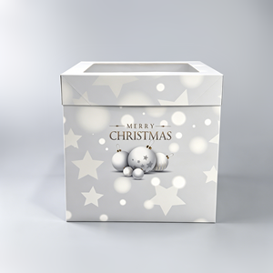 Caja de Regalo Navideña Blanca Cuadrada Rígida con Diseño de Estrellas y Adornos con Impresión UV para Empaque Festivo - Product Image 1