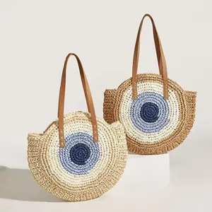 Fashion Women Round Large Summer Beach Woven Purse Handbags Handmade Straw Bucket Tote Weave Shoulder Bag