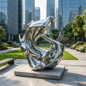 G38 Three-Dimensional Intertwined Dolphin Fluid Mirror Stainless Steel Sculpture Granite Square Base Metal Statue for Park Decor - Product Image 1