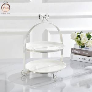 Otel büfe düğün dekorasyon altın demir kuş kafesi raf lüks 2 Tier 3 katmanlı seramik pasta standı - Product Image 3