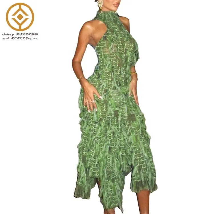 2024 femmes nouvelles robes licou vert élégant gland Patchwork vacances vacances dos nu Chic robe