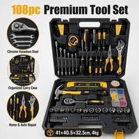 Vokex OEM 108 Pcs Perkakas Tangan Rumah Tangga Baja Karbon Tugas Berat Set Obeng Palu Kunci Tang Ratchet Soket Kotak Perkakas Keras