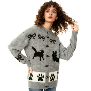 Premium Grey Cute Black <strong>Cat</strong> and Bow Element Thick <strong>Cardigan</strong> for Women with Horn Buttons Autumn - Product Image 1