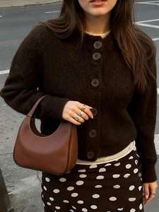 <span class=keywords><strong>Cardigan</strong></span> décontracté <span class=keywords><strong>marron</strong></span> <span class=keywords><strong>foncé</strong></span> en maille bouclée pour l'automne, idéal pour le bureau et les soirées romantiques – Pull tendance boutonné - Product Image 2