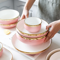Bol en céramique minimaliste nordique, bord rose doré, assiette à steak, plat à poisson, cuillère, vaisselle, vaisselle en porcelaine personnalisée