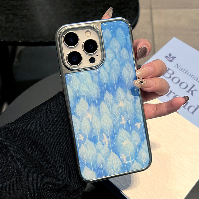 Blue Mori-style Flying Bird Animal Design Electroplated Silicone Gel Phone Case for 17 Pro Max Shockproof Silver-Edged
