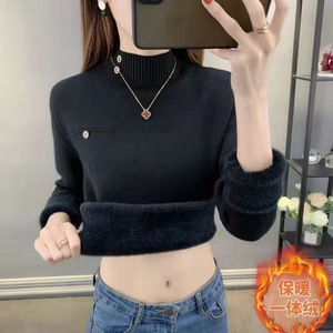 <span class=keywords><strong>Pull</strong></span> en tricot pour <span class=keywords><strong>femme</strong></span>, automne-hiver, épais, en <span class=keywords><strong>polaire</strong></span> intégrée, <span class=keywords><strong>grande</strong></span> <span class=keywords><strong>taille</strong></span>, col semi-montant, <span class=keywords><strong>pull</strong></span> de base - Product Image 2