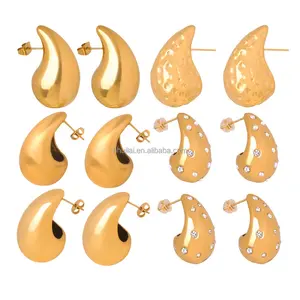 Wholesale Custom High Quality Fashion Jewelry 18K Gold Plated Stainless Steel Zircon Hollow Water Drop Shape Earrings For Women