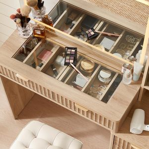 Bàn trang điểm gỗ tự nhiên 43.5 inch có 6 ngăn kéo, kệ điều chỉnh được, mặt bàn kính, gương có đèn - Product Image 4