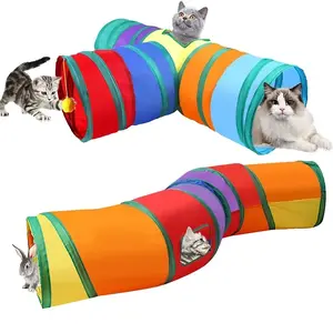 Grosir 80 cm tiga cara pelangi terowongan kucing berwarna dengan bola kucing mainan menyembunyikan dan mencari terowongan hewan peliharaan grosir terowongan kucing