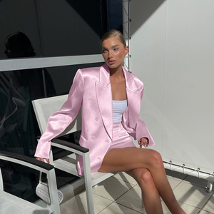 双排扣时尚办公正装粉色绸缎女装套装套装两件套西装外套迷你裙套装女 - Product Image 3