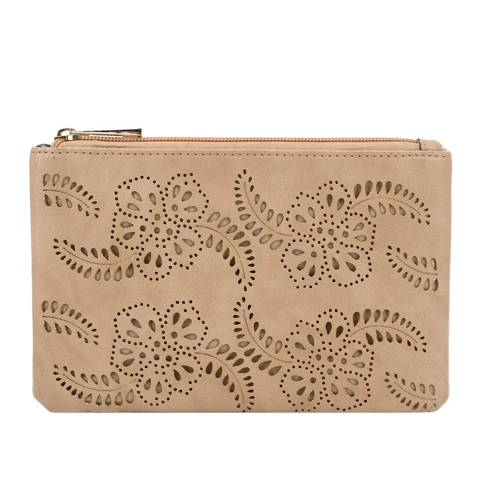 high quality luxury PU fake leather laser cut hollow out retro style simple design small zipper coin pouch cosmetic bag