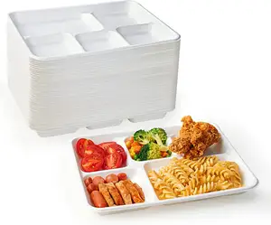 50 Pack] 5-Compartment Sugarcane Fiber Disposable Tray - 100